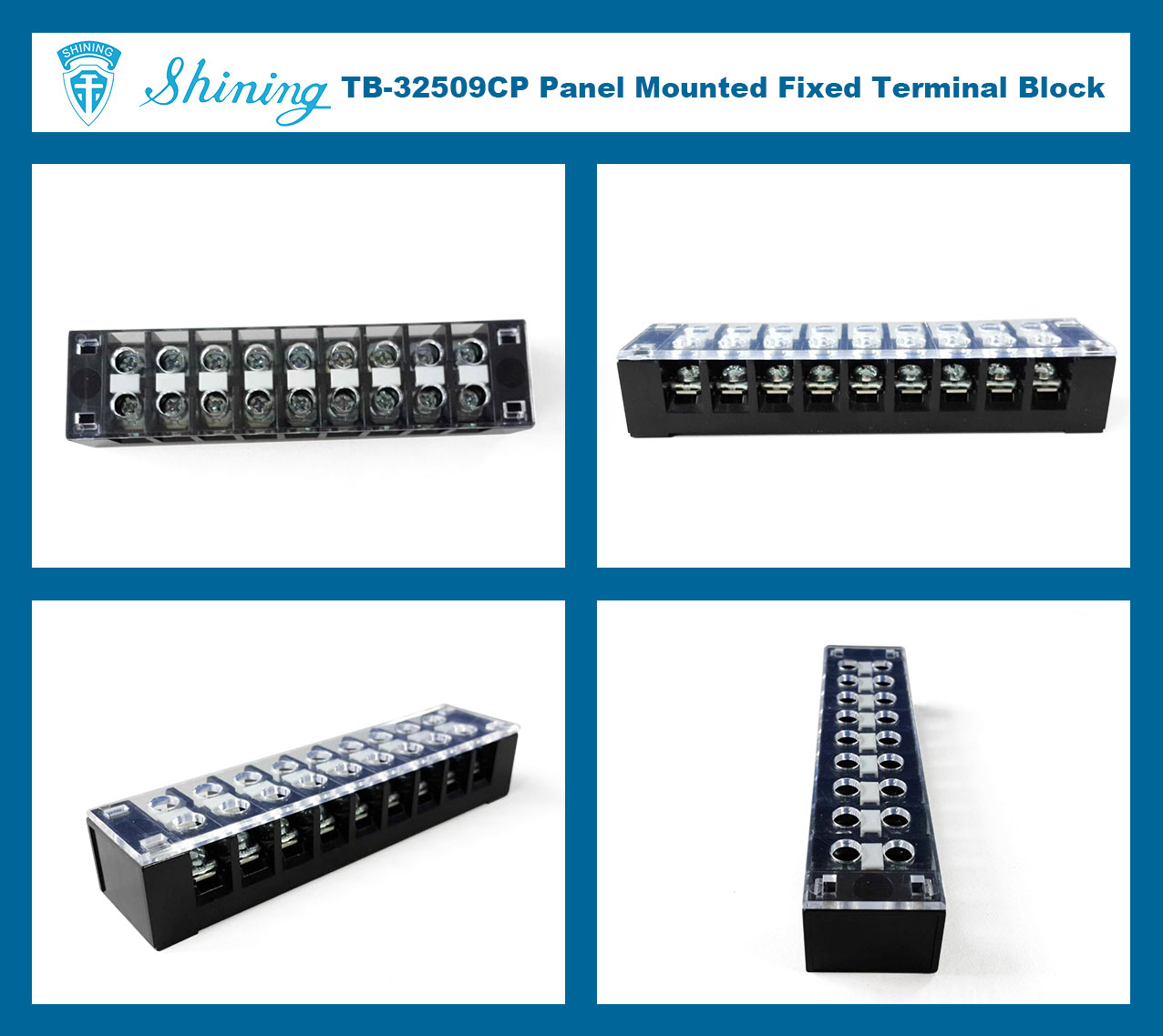 TB-32509CP Panel Mounted 300V 25A 9 Pole Fixed Terminal Block
